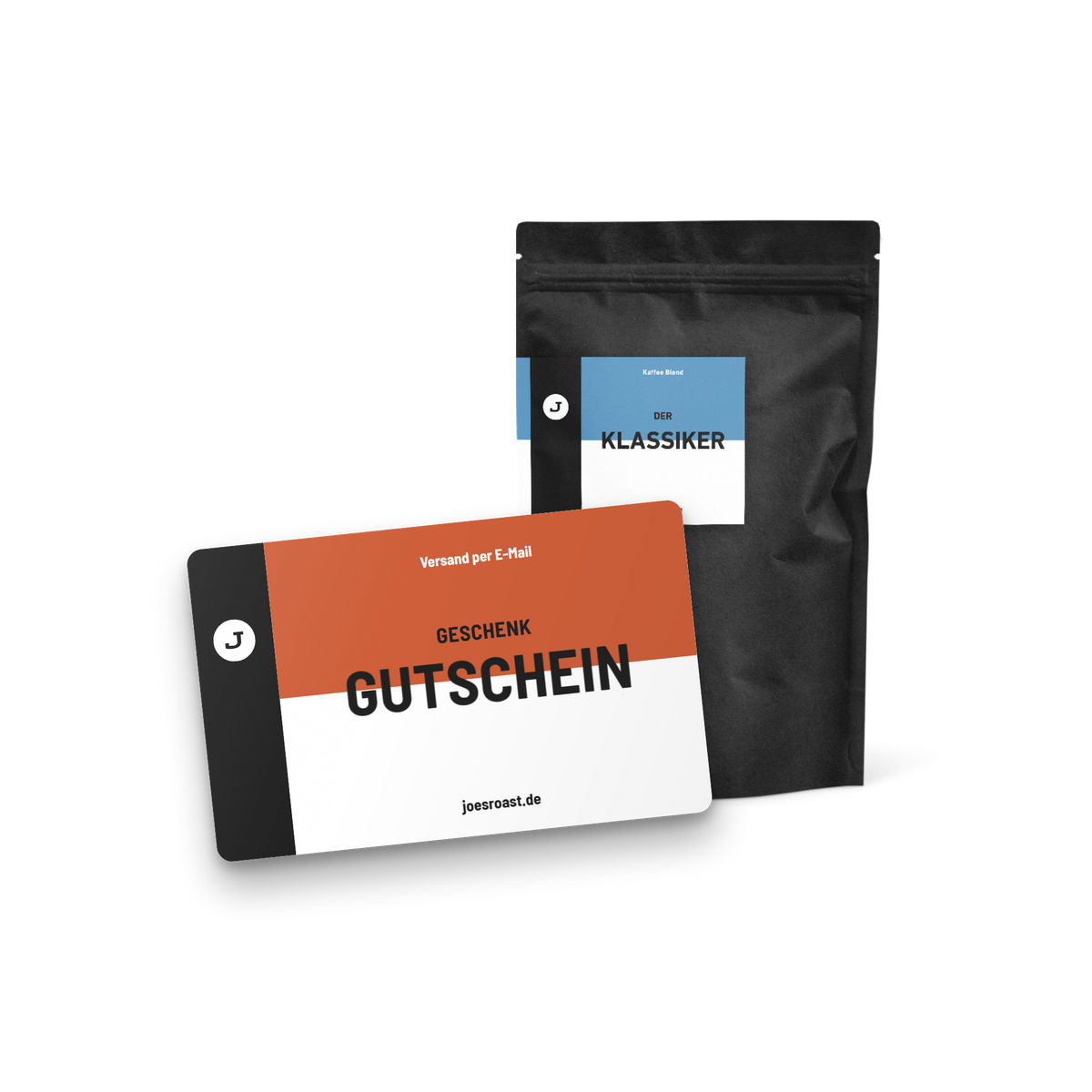 Joe's Roast Kaffee-Geschenkgutschein, Versand per E-Mail, vor einer Tüte Der Klassiker